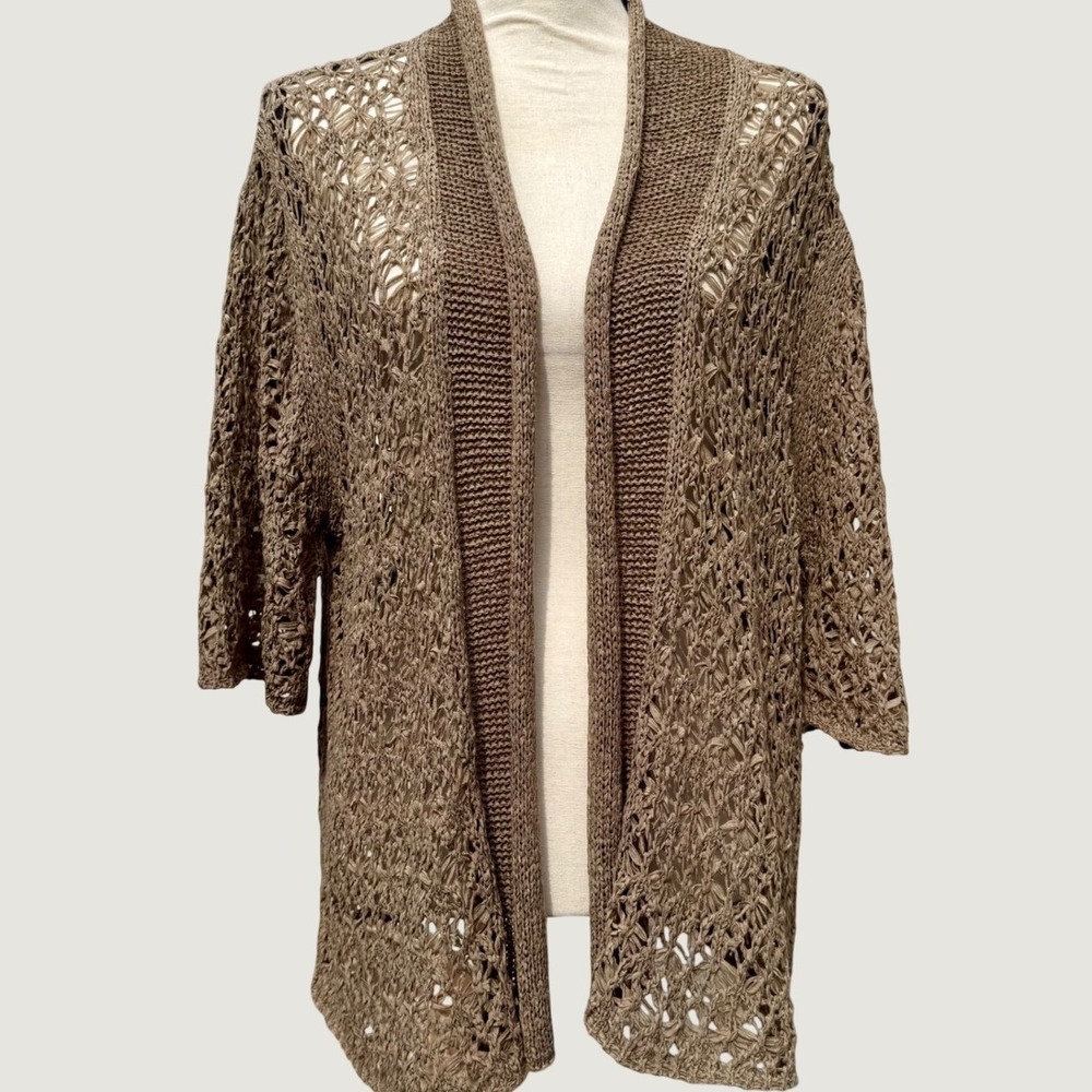 Joan Vass Women 2X Taupe Brown Open Knit Crochet Tape Yarn Cardigan Sweater